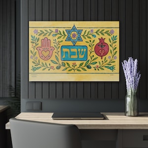 Mystical Judaica Wall Art with Magen David, Pomegranate & Chamsah | Jewish Home Blessing | Jewish Spirutal Art Acrylic | Judacia Home Decor