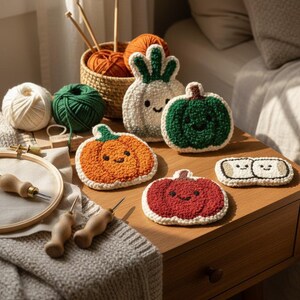 May include: A collection of handmade, colorful, and whimsical punch needle coasters in the shape of pumpkins, a radish, and a pair of smiling beans. The coasters are displayed on a wooden surface with yarn, needles, and a basket of orange yarn.