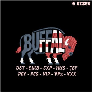 Puede incluir: Un diseño estilizado de búfalo con la palabra "BUFFALO" incorporada. El búfalo es azul, rojo y blanco, con el texto "6 SIZES" y varios formatos de archivo sobre un fondo negro.
