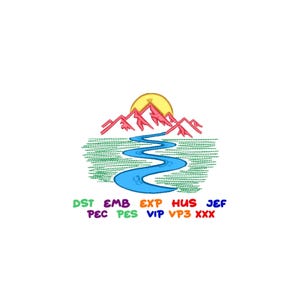 Mountain Sunrise Embroidery Design: River Landscape, Nature Scene (Digital Download