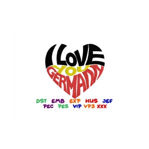 以下が含まれることがあります： 「I Love You Germany」という文字が書かれた黒いハート型のデザイン。文字はドイツ国旗の色である黒、赤、黄色の順に配置されている。