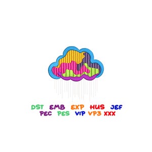 May include: A vibrant cloud design featuring layers of yellow, pink, green, and purple, edged in blue. Rain falls from the cloud. Below the cloud are the letters: DST EMB EXP HUS JEF PEC PES VIP VP3 XXX.