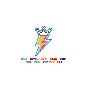 Può includere: Un design ricamato colorato con una corona sopra un fulmine. Il fulmine è giallo e rosa, bordato di blu. La corona è nera e blu. Sotto, le lettere DST, EMB, EXP, HUS, JEF, PEC, PES, VIP, VP3 e XXX.