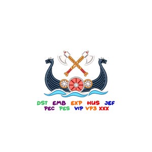 Viking Ship Embroidery Design: Norse Longboat with Axes (Digital File Download)