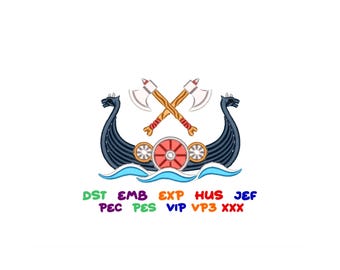 Viking Ship Embroidery Design: Norse Longboat with Axes (Digital File Download)