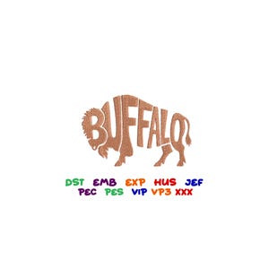 Op de afbeelding: Een bruine buffel-silhouet met het woord "BUFFALO" gespeld binnen de omtrek van het dier.