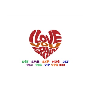 以下が含まれることがあります： 「I Love You Spain」という言葉をスタイリッシュなフォントで書いた赤いハート型のデザイン。言葉はハートの形の中に円形に配置されています。