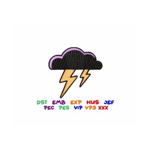 May include: Embroidered patch showing a black cloud with a purple border and two yellow lightning bolts. The patch has text in various colours: DST, EMB, EXP, HUS, JEF, PEC, PES, VIP, VP3, and XXX.