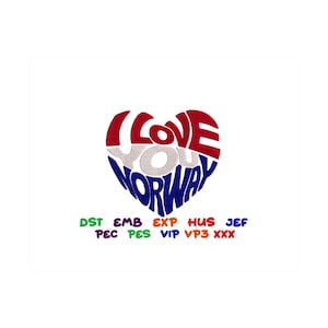 May include: A heart-shaped design with the words "I Love You Norway" in red, white, and blue. The words are arranged in a way that creates the shape of a heart. Below the heart, there are several file formats listed: DST, EMB, EXP, HUS, JEF, PEC, PES, VIP, VP3, and XXX.