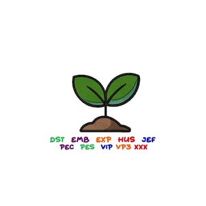 Puede incluir: Ilustración de dibujos animados de una planta joven con dos hojas verdes y una base marrón. La imagen incluye texto colorido en la parte inferior, incluyendo las palabras "DST EMB EXP HUS JEF PEC PES VIP VP3 XXX."