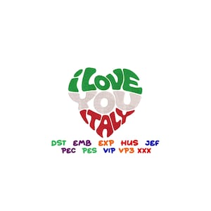 May include: A heart-shaped design with the words "I love you Italy" in a stylized font. The heart is colored in the colors of the Italian flag: green, white, and red.