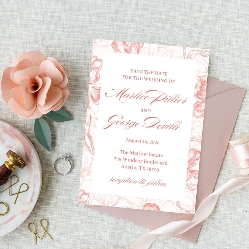 May include: Save the date card with a floral border in pink and white. The text reads "Save the Date for the Wedding of Marlice Pillier and George Deville, August 16, 2026, The Marlow Estate, 728 Windsor Boulevard, Austin, TX 78703, reception to follow."