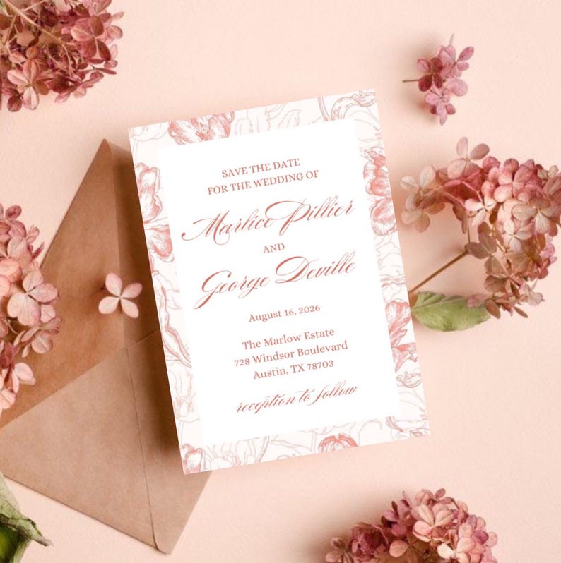 May include: Save the date for the wedding of Marlice Pillier and George Deville on August 16, 2026 at The Marlow Estate, 728 Windsor Boulevard, Austin, TX 78703. Reception to follow.
