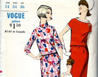 1960's Vogue Pattern No. 7087 : Mod Two Piece Dress or Suit - Bust 34"