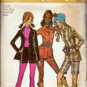 May include: A vintage sewing pattern featuring three women wearing different outfits. The pattern is for size 8, bust 31 1/2, waist 23, and is for a miss. The pattern is from Simplicity and is number 9574.