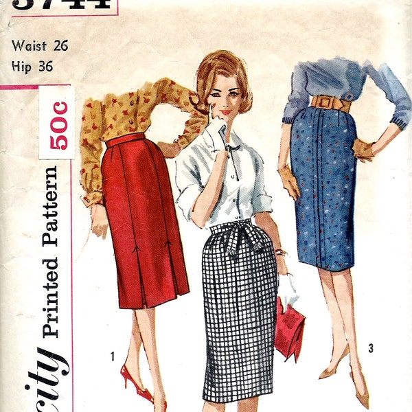 1960s Simplicity Sewing Pattern No. 3744  Wiggle Skirt with Kick Pleats Pencil Skirt   Waist 26