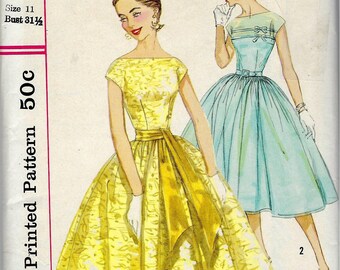 1950's  Party Dress and Slip with Bateau Neckline Full Skirt and Sash Simplicity 1878 Sewing Pattern Holiday Dress - Bust 32 UNCUT