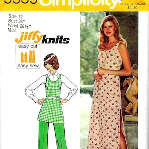 1970's Jiffy Knits Sewing Pattern Simplicity 5559  Maxi Sleeveless Dress with Side Slit & Deep Scoop Neckline  Tunic and Pants   Bust 34