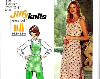 1970's Jiffy Knits Sewing Pattern Simplicity 5559  Maxi Sleeveless Dress with Side Slit & Deep Scoop Neckline  Tunic and Pants   Bust 34