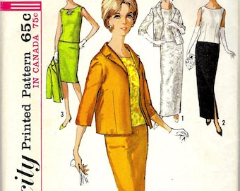 1950's Evening Suit with Long or Short Slim Skirt Back Button Overblouse and Jacket  Simplicity Sewing Pattern No. 5206  Size 14  Bust 34