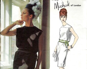 1960's Mod Two Piece Dress  Vogue Sewing Pattern No. 1465 by Michael of London Bias Cut with Blouson Bodice and Slim Skirt- Bust 32