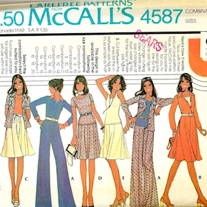Puede incluir: Un patrón de costura vintage para una camisa, una chaqueta, una falda o unos pantalones. El patrón es de McCall's y es el número 4587. El patrón es para las tallas 16-18-20. El patrón es solo para tejidos de punto elásticos. El patrón muestra cinco combinaciones de atuendos diferentes.