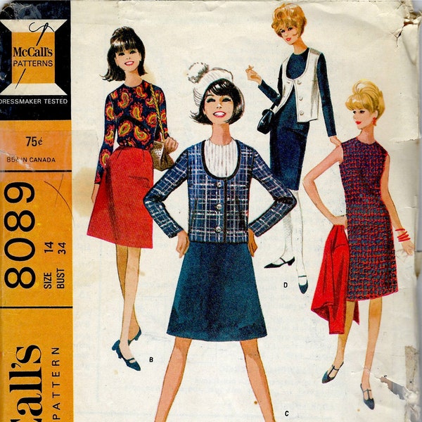 1960's McCall's 8089 Sewing Pattern  A-Line Dress  U-Neckline Jacket  Blouse  Vest & Skirt  Back to School Co-ordinates  - Bust 34