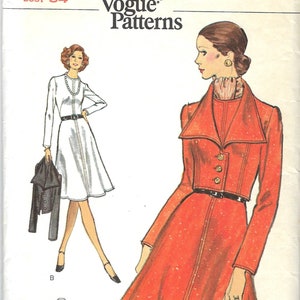 May include: A vintage sewing pattern for a dress with a collar and a skirt. The pattern is for size 12, bust 34. The pattern is suitable for knits. The pattern is from Very Easy Vogue Patterns.