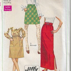 May include: A vintage sewing pattern for a skirt, featuring three different styles. The pattern is for a size 24 waist and 34 1/2 hip. The pattern is called "Simplicity 7764" and is labeled "easy cut - easy sew".