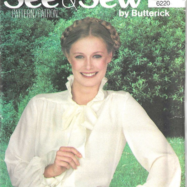 1980's Loose Fitting Blouse with High Ruffle Neckline & Bow Tie with  Long Full Sleeves  See and Sew by Butterick No. 6220 - Bust 34