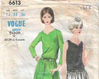 Rare 1960's Mod Evening Cocktail Dress with Shaped Neckline  Vogue 6613 Sewing Pattern  Bust 34