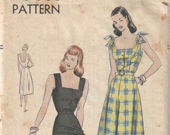 Rare 1940's Vogue Sewing Pattern No. 5784 Sundress with Flared Skirt & Front Button Bodice with Low Square Neckline Front and Back  Bust 32