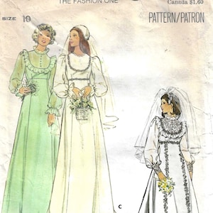 1970's Maxi Bridal Gown with Train and Bridesmaid Dress Ruffle Yoke Empire Bodice with Full Sleeves  Butterick Sewing Pattern 4887 Bust 32
