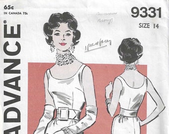 1960 Advance 9331 Sewing Pattern  Fitted Sleeveless Sheath Dress with Wide Belt and Low Scoop Neckline  Cocktail Party Dress  Bust 34  Uncut