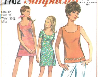 Minikleid der 1960er Jahre, Bluse und Hose, Simplicity 7702 Schnittmuster, Brustumfang 34 (unbenutzt)