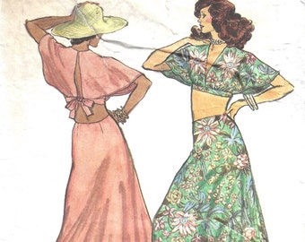 1970's Midriff Top with Cape Back Sleeves and Long Flared Skirt with Bias Hemline Ruffle  Vogue Sewing Pattern No. 8914 - Bust 32 1/2