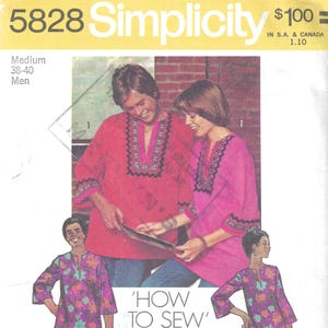 May include: Simplicity pattern 5828 for sewing a tunic top and dress. The image shows illustrations of the garments in red, pink, and floral prints. The text reads "How to Sew Pattern" and includes sizing information for men and women.