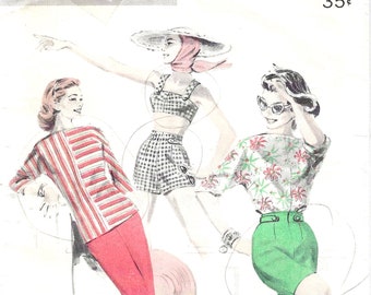 1950's Butterick Sewing Pattern 7762  Capri Pants Bermuda Shorts Short Shorts with Bra Top and Casual Over-Blouse. Bust 34