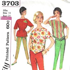 1960's Simplicity Sewing Pattern No. 3703 Slim Toreador Pants & Top with Sombrero appliqué or V Shaped Hemline Size 14 Bust 34 image 1