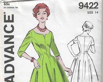 1960's Advance Sewing Pattern 9422 - Princess Seam Dress has Wide Scoop Neckline Slim Waist Over the Elbow or Short Sleeves & Gored Skirt.