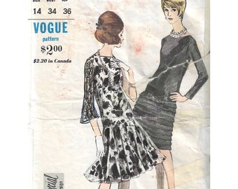 1960's Mod Cocktail Dropped Waist Dress with Circular or Flared Ruffle Skirt  Vogue Sewing Pattern No. 6120 - Bust 34