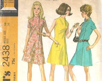 1970 Day Mini-Dress with Left Side Hidden Zipper Closure Sleeveless or Short Sleeves Mandarin Collar McCall's Sewing Pattern 2438 - Bust 36