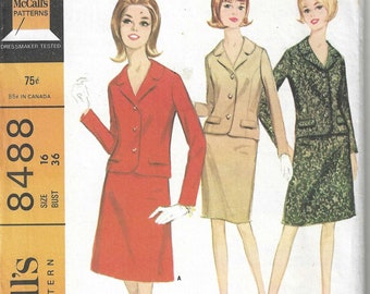 1960's Mod Suit  Front Button Jacket with Notched Collar & Slim or A-Line Skirt McCall's Vintage Sewing Pattern No. 8488  Size   Bust 36