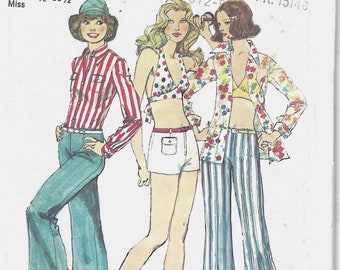 1970's Simplicity Sewing Pattern 6348  Hip Hugger Pants  Halter Top  Long Sleeve Shirt & Shorts  Resort Beach Wear - Bust 30 1/2 - 31 1/2
