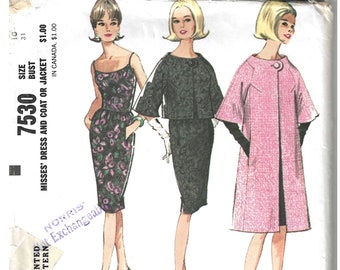 1960's Pauline Trigere Camisole Wiggle Dress with Jacket or Coat Mod Evening Party Wear  McCall's Sewing Pattern No. 7530    Bust 31  Un-cut