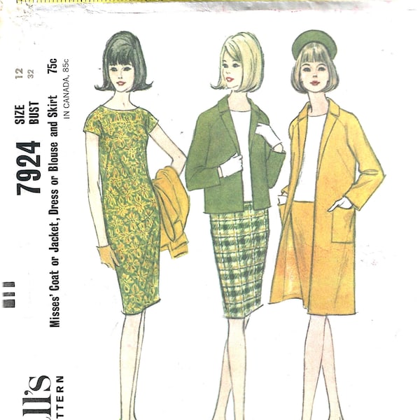 1960's  McCall's 7924 Sewing Pattern  Jacket or Coat with Collar Sheath Dress with Cap Kimono Sleeves Blouse & Skirt Day Wear - Bust 32