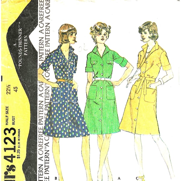 1970's Classic Shirtwaist Dress  McCall's Sewing Pattern No. 4123  Bust 45 Pounds Thinner Pattern