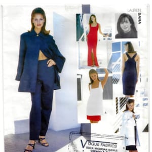 May include: A sewing pattern for a women's clothing set. The pattern includes a long-sleeved jacket, pants, and three different dress styles. The pattern is from Vogue Attitudes and is labeled 1770.