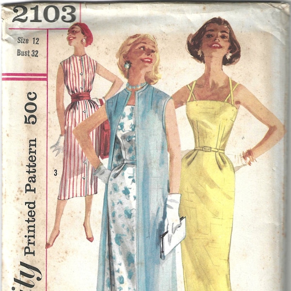 1950's Cocktail Dress Criss-cross Strap Back Fitted Bodice & Wiggle Skirt with Sleeveless Coat  Simplicity Sewing Pattern No. 2103 - Bust 32