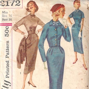 May include: Vintage Simplicity sewing pattern featuring three women's dress designs. The dresses are in shades of brown and blue, with fitted bodices and pencil skirts. The pattern includes sizing information and the price.